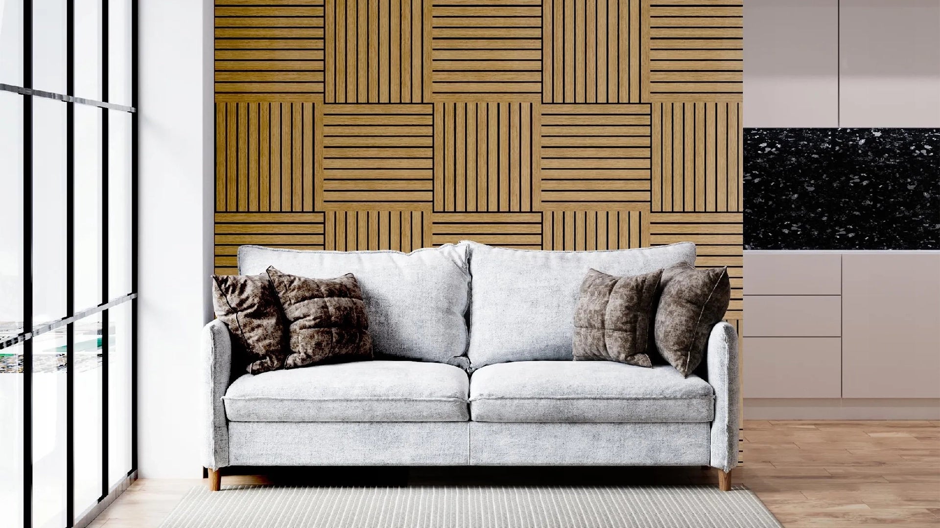 Felt Slatted Acoustic Wall Panels 4 feature wall in living room interior DecorMania EU